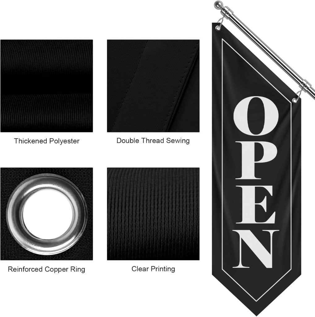 Vintage Style Open Flag, Double - Sided Three - ply Hanging Open Sign with Pole and Mounting Kit (Black - W, 27"))
